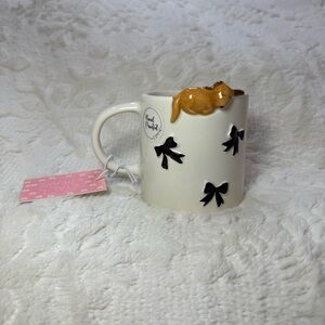 Petal & Pearl Hand-Painted Dachshund and Black Bow Mug with Sleeping Dog in Rim